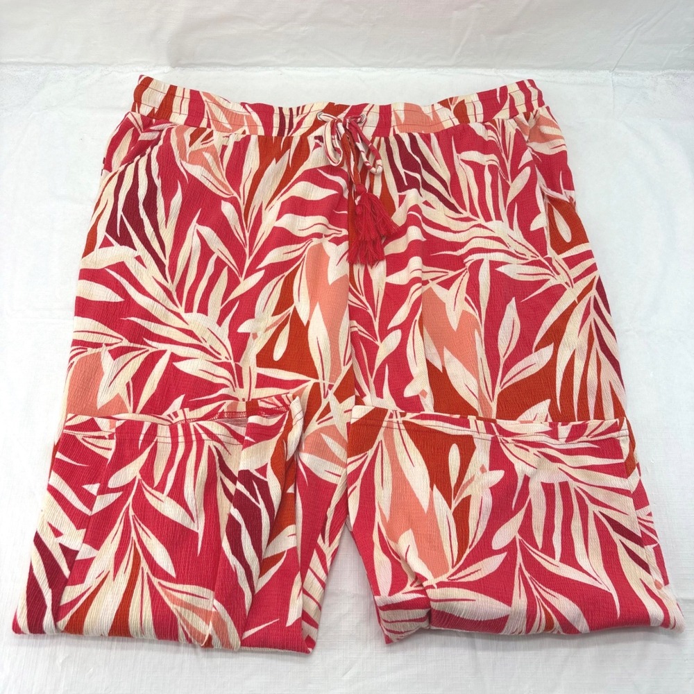 Belle by Kim Gravel Red Tropical Leaf Wide Leg Pull On Pants XL Tassel Draw